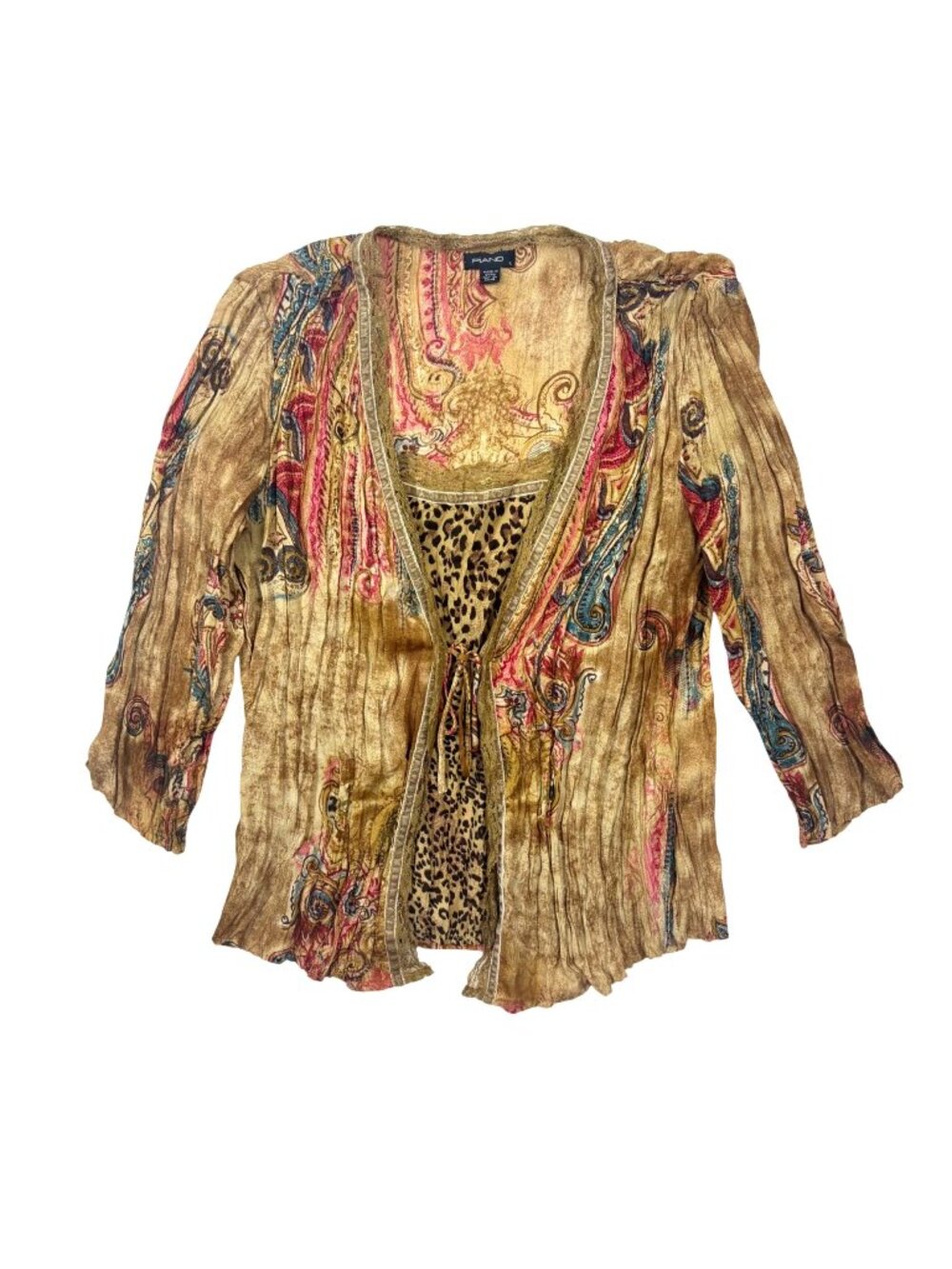 VTG Y2K Boho Style S Paisley & Leopard Print Crinkle Top Blouse Whimsigoth